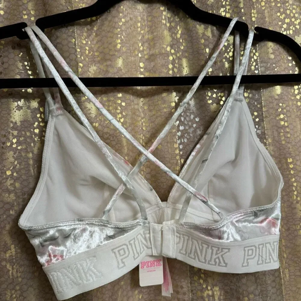 PINK Victorias Secret White Floral Velvet Triangle Strappy Bralette Small‎ NWT